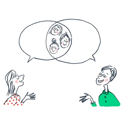 Illustration of two parents discussing babysitting