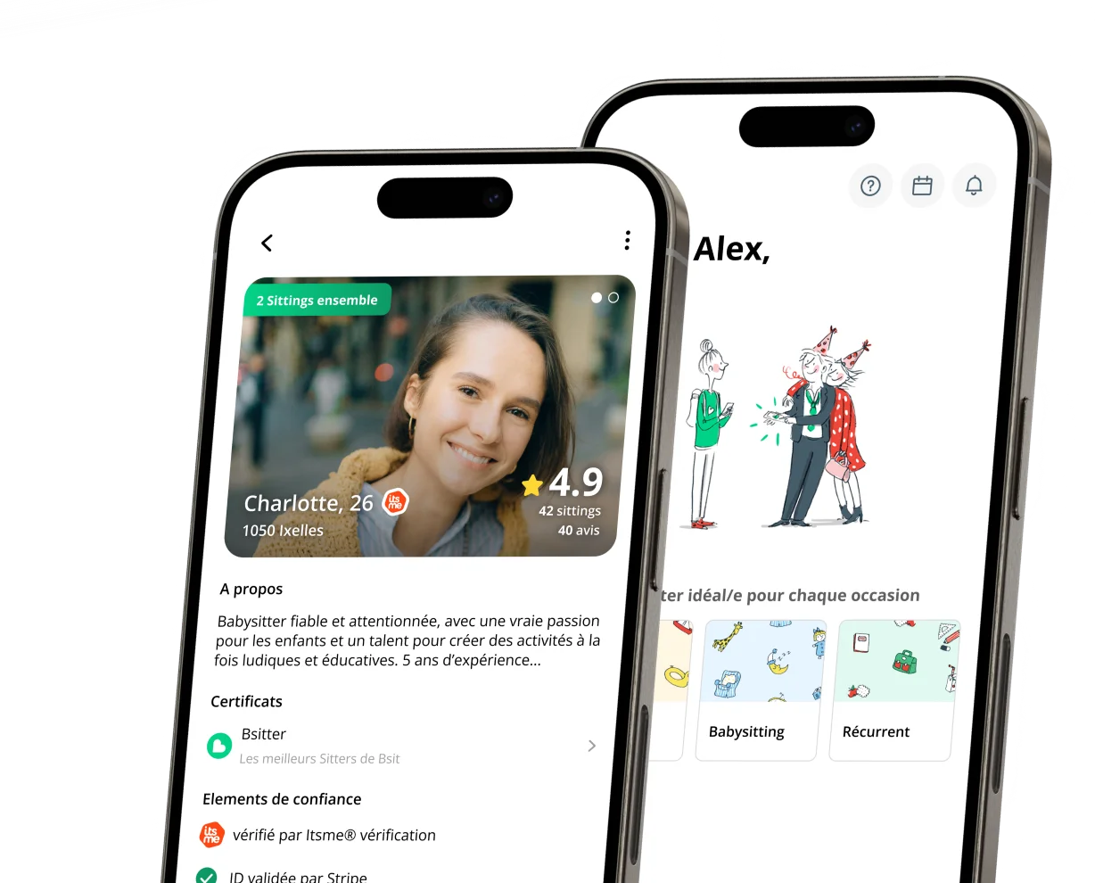 Aperçu de la page d'accueil et d'un profil de Sitter dans l'application Bsit